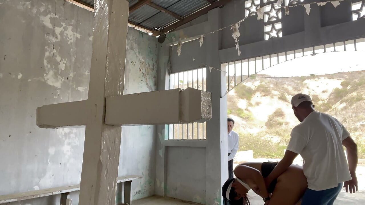 Busty, curvy nun has sex with a stranger while the priest watches