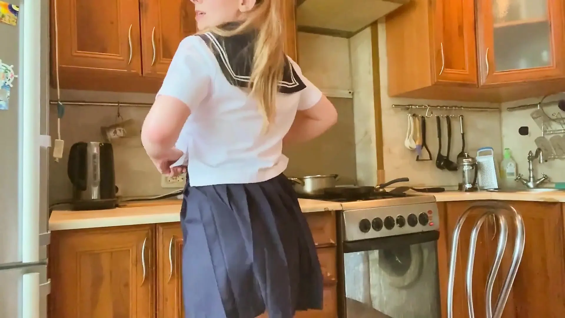 Cosplay in Japanese College Uniform, Girl Masturbates and Cums in the Kitchen