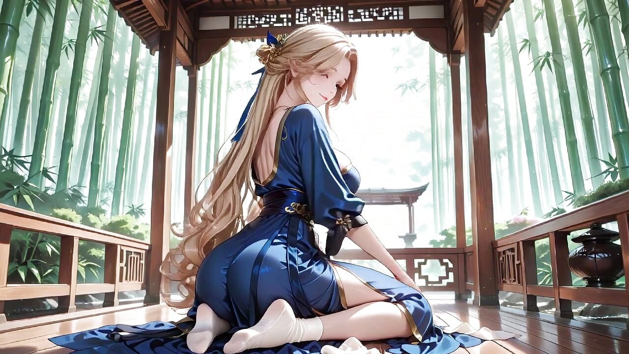 Blonde Goddess in Silk! Lazy Strolls, Kneeling Glances, and Fingertips Grazing Her Chest in a Sun-drenched Japanese Corridor