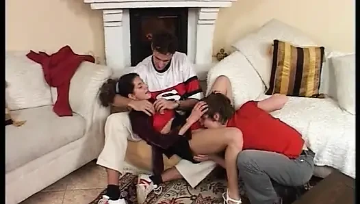 Alluring brunette German teen fucked by two horny dudes