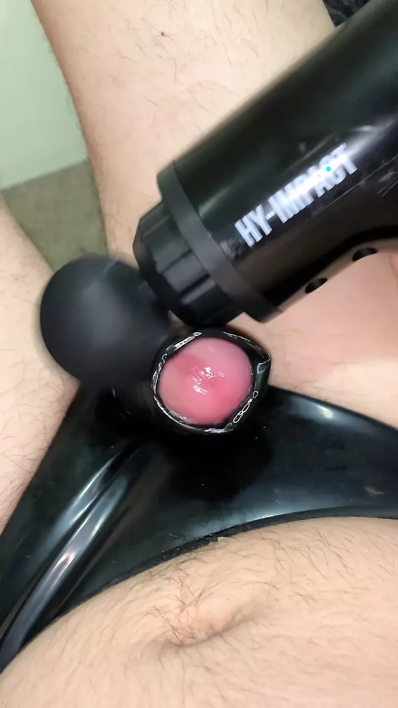 Latex Sheath Cumshot with a Massage Gun