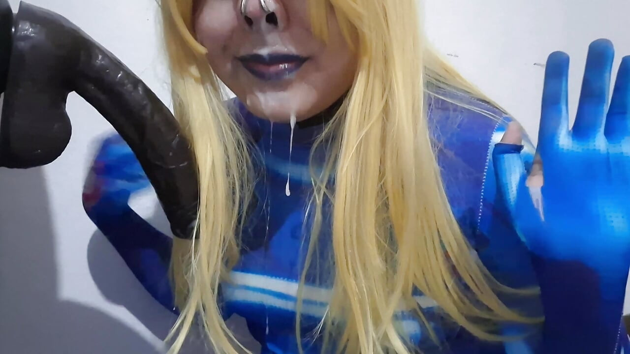 Cute Samus Femboy with BDSM Nosehook giving a Sloppy Blowjob to BBC Dildo, Deepthroat, Facial Fuck and Eating Semen