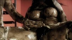 チョコレートソースで覆われた巨乳ブルネットとセックスする男