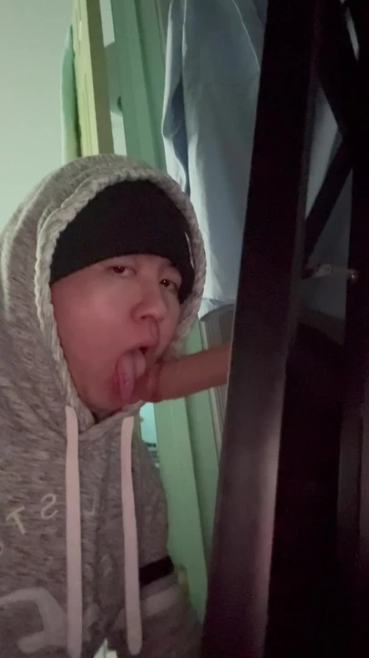 Asian femboy deepthroats a dildo and sucks cock real good
