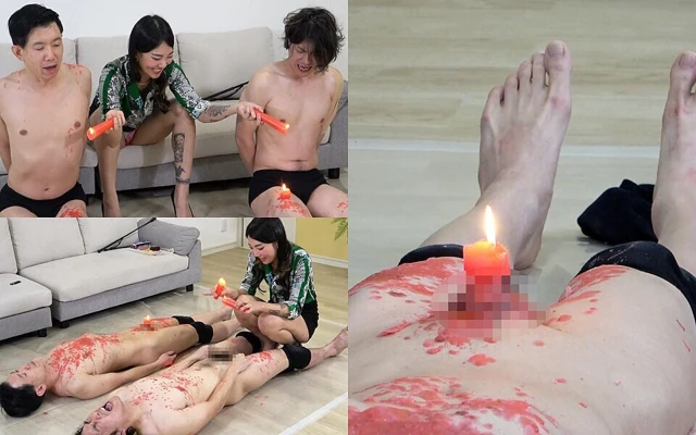 在烛光耐力大战中, 女主人将热蜡滴在两个受虐男子身上, 让他们比谁能坚持