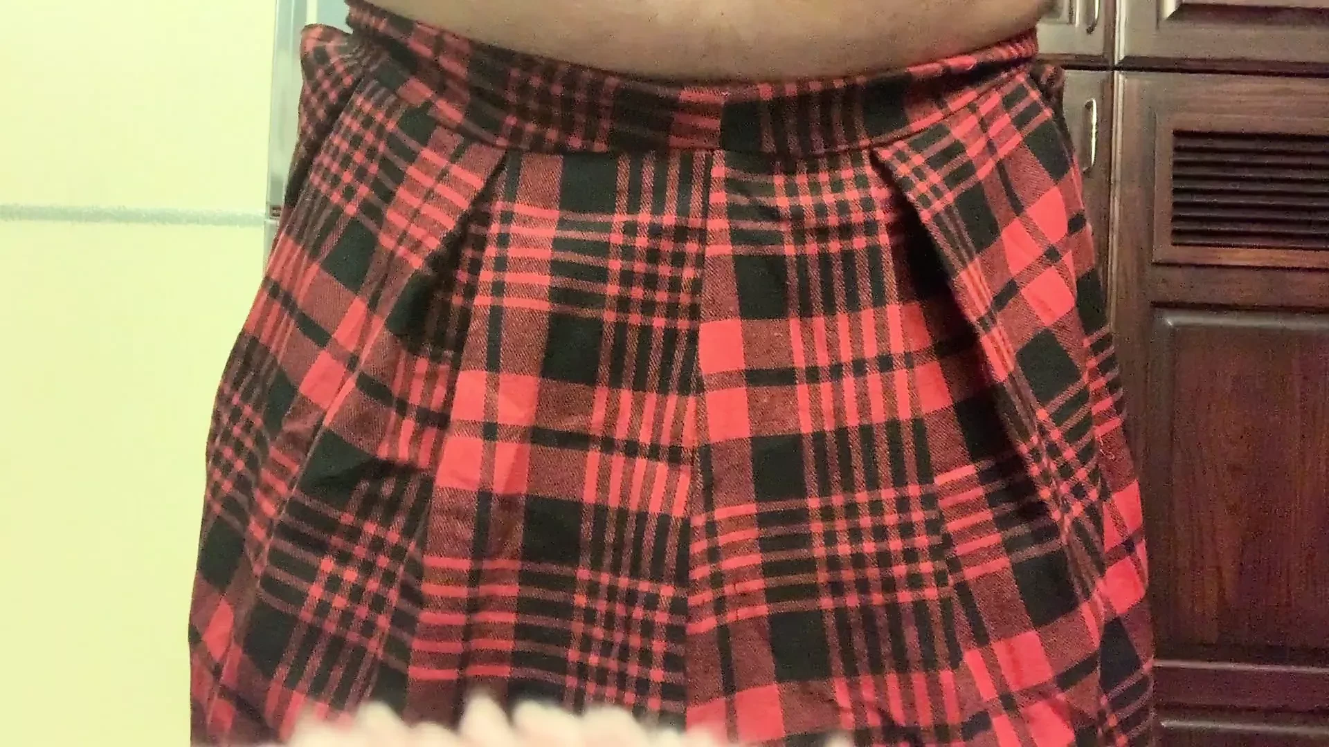 Stroking in stepdaughter stockings, garter, thong and skirt