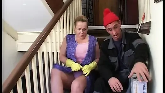 Big boobed German maid fucked on the stairs
