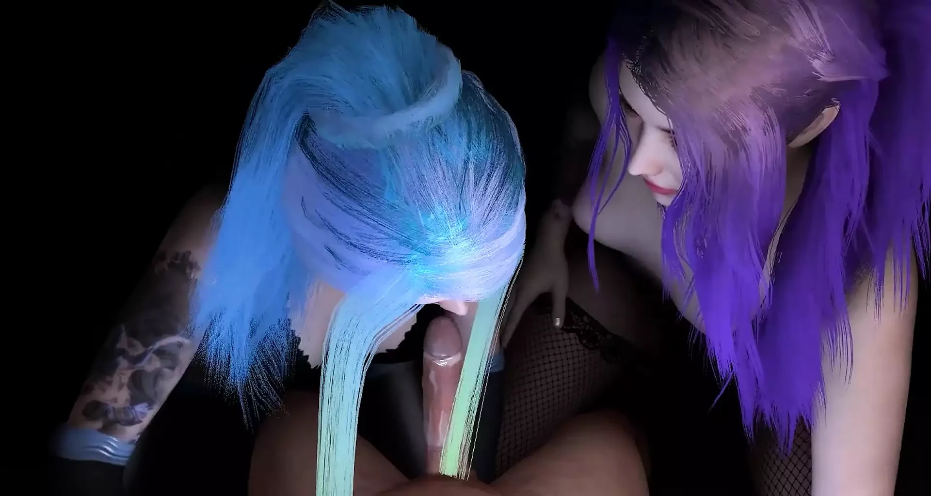 Deux filles aux cheveux colorés font une double pipe : clip porno 3D