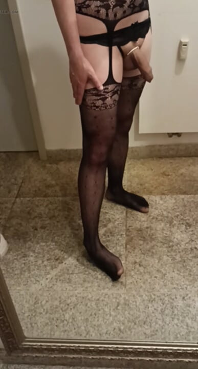 Young cock in kinky stockings squirts