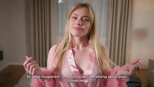 Pergi untuk memperbaiki laptopnya, teman pacarku yang sange berlutut dan aku crot di wajahnya