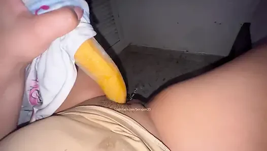 Trying for the first time young girl with cucumber