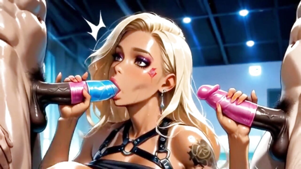 Young Blonde Slut Likes Double Penetration with Big-dicked Dark-haired Guys.