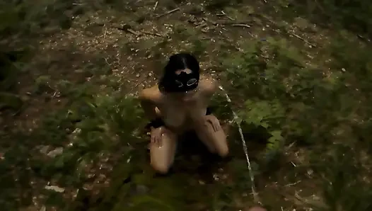 Brunette mature gets completely naked and gets washed with piss