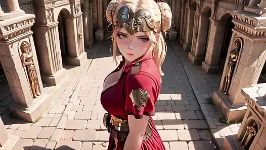 Red Armor Queen! Forbidden Gaze in the Roman Corridor, Skirt Lift Reveal, Hand on Lips Teasing You...