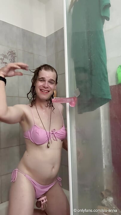 Sissygirl Anna taking a Shower with her Dildo - Amateur Femboy Anal n Blow Porn