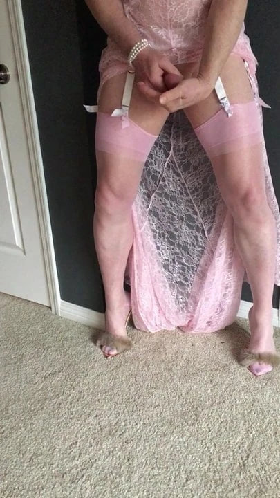 Crossdresser cums wearing pink lace gown and FF stockings