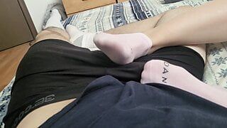 hot good girl babe runs cock through boxers leads to cumshot