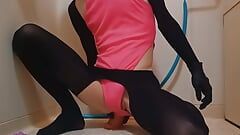 Sissy-Kuroko inserts long dildo into anal wearing pink leotard