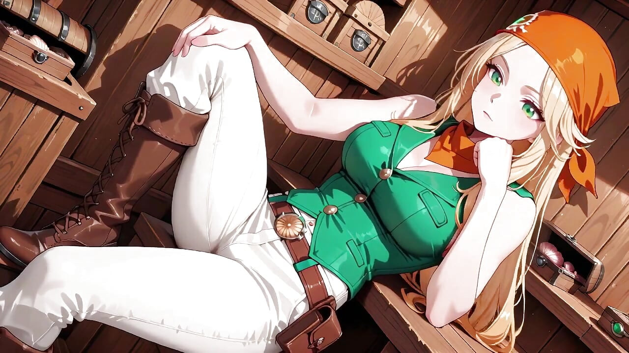 Blonde Pirate Captain! Green Uniform & Rough Ropes on a Sunny Deck. Languid Poses, Long Legs Exposed, and That Teasing Gaze