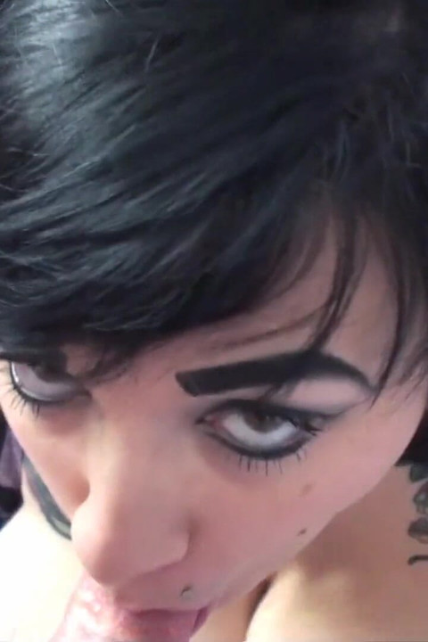 Tattooed big boobs chick sucks his cock in POV