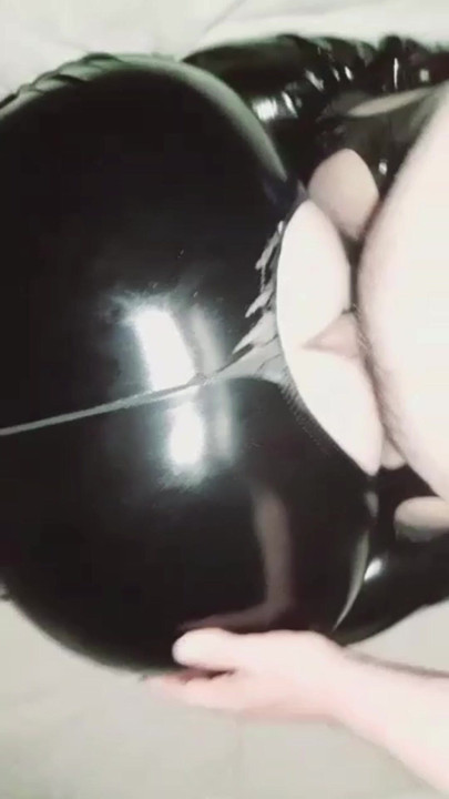 Wife in PVC fucks man while husband is at work