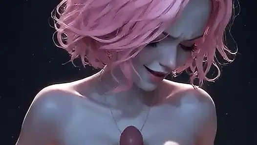 Pink-haired AI elf gives a blowjob, does a titjob, rides cowgirl-style, and ends up with cum dripping from her mouth