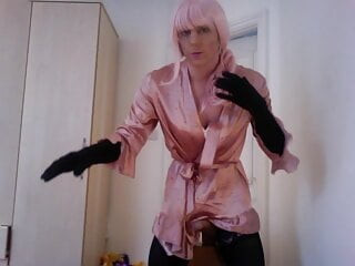 jess silk riding dildo in pink polka dot robe and pink satin nightie with pink wig