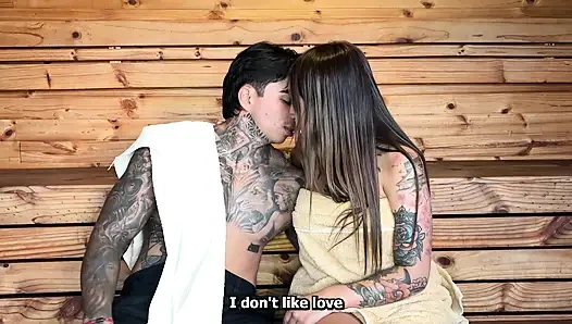 My neighbor leaves me alone with her boyfriend and we end up fucking in the sauna