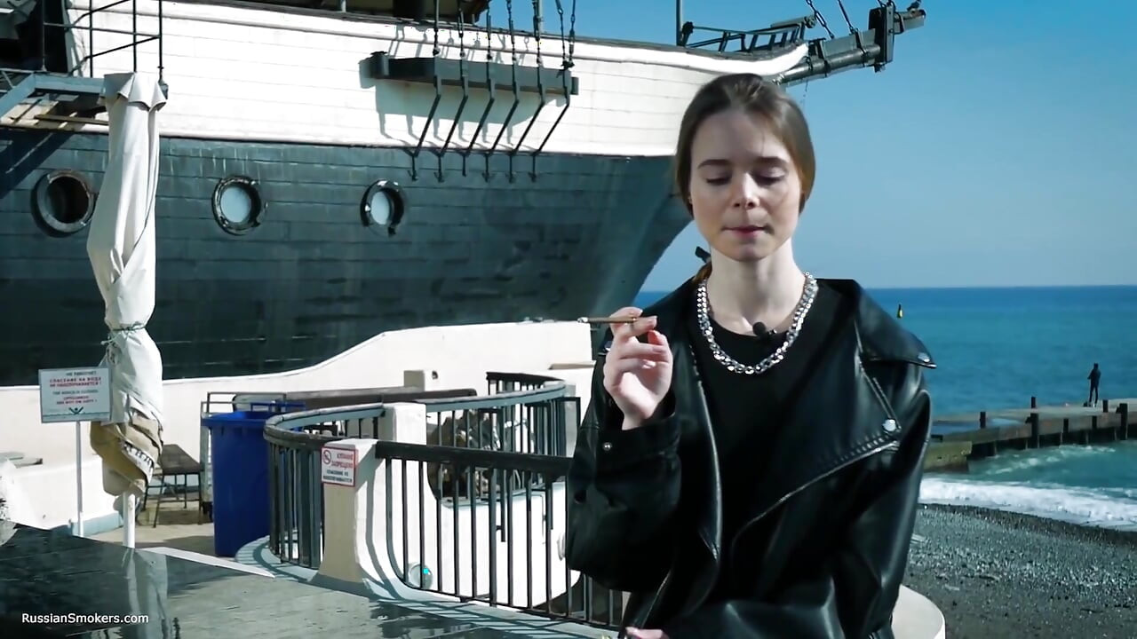Young Russian Woman Smoking Cigarette Outdoor Terrace