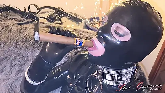 Slut-orgasma Celeste in black latex cigar smoking fetish and soft talking in German