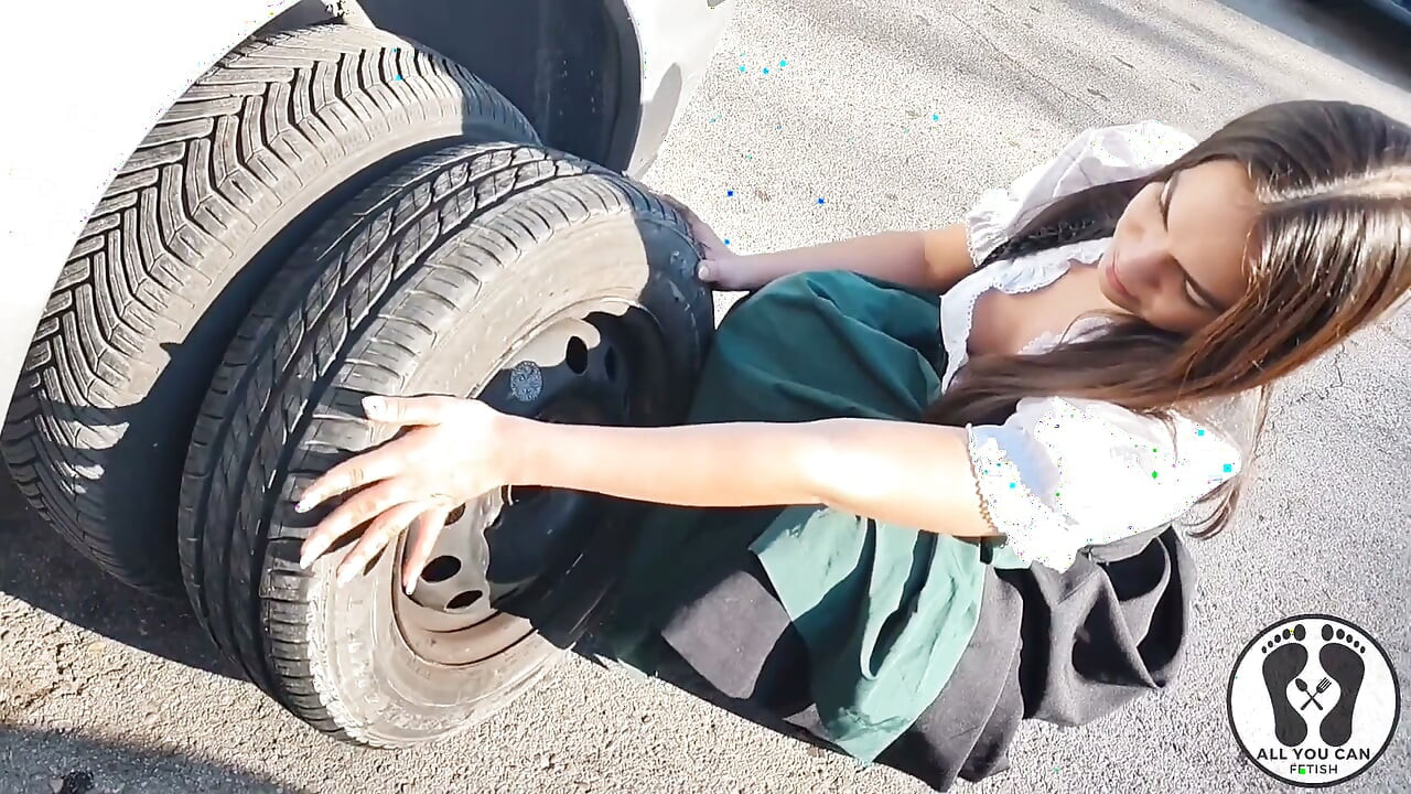 Dirndl Slut Gets Dirty and Oily Changing Tires