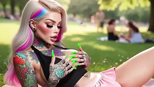Tattooed Big Boobs Babe Masturbates in Public Park and Squirts