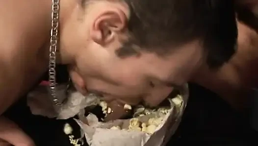 Short Haired Muscular Stud Invites Young Curious Guy James Jones to Taste His Pop Corn and Big Meat