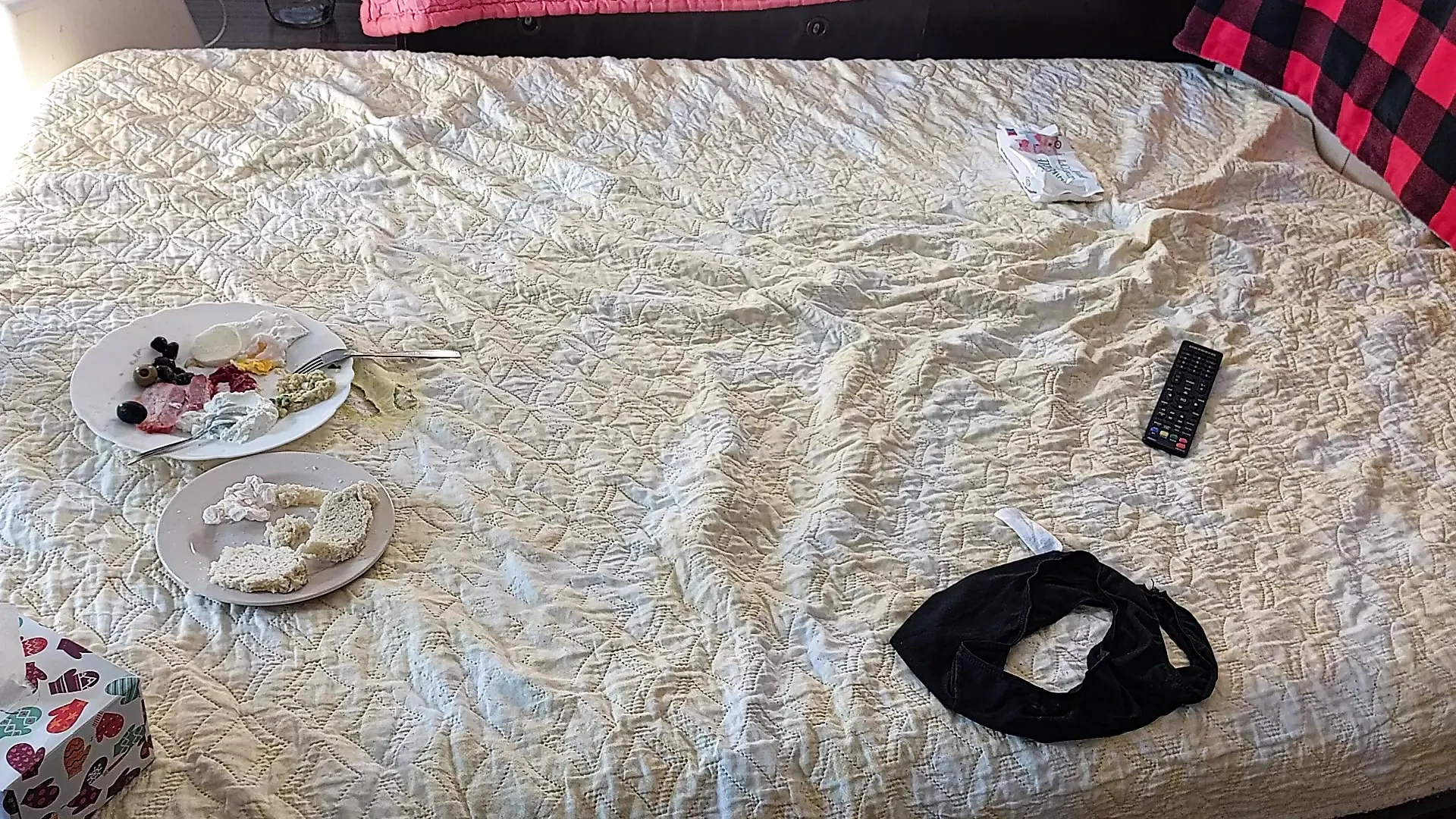 Amateur wife breakfast in bedroom, hairy pussy, big tits.