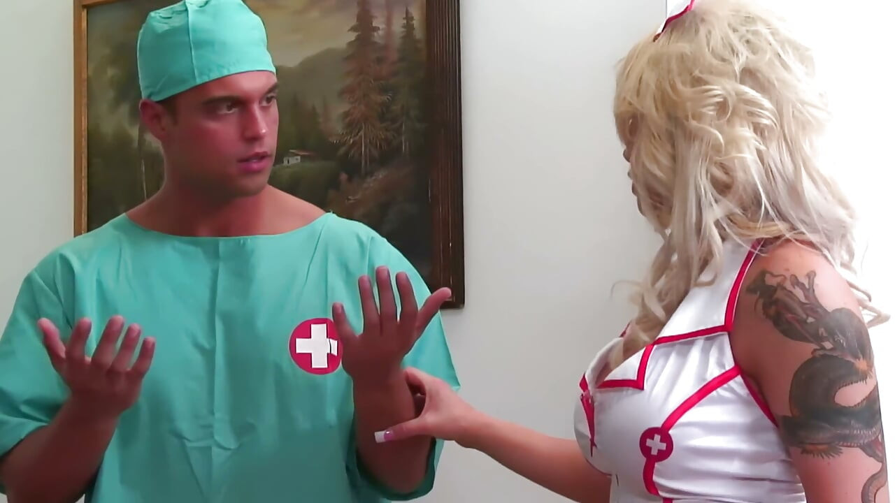 White Lace-up Boots on the Hospital Bed - Tattooed Blonde Nurse and the Guy in Scrubs