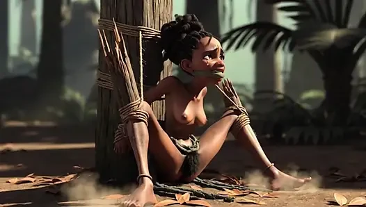African Girl Bound in Rope Bondage - Hairy Wet Pussy Craving for Cock