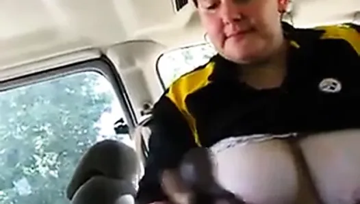 Big Boobs Amateur from Pittsburgh swallows BBC in car