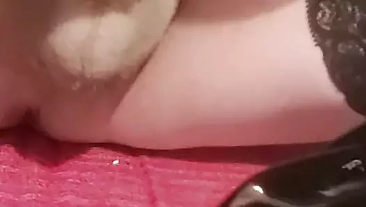 Tranny jerking of her little cock, cum on black patent boots