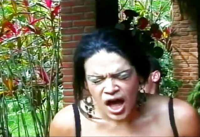Hung brunette tranny and her man take turns sucking, fucking each other outside