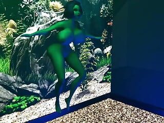 Les seins et le cul d’une nana extraterrestre sexy flottent bien dans l’aquarium