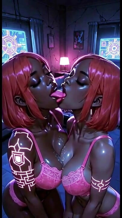 Fetish lidah dan ciuman lidah lesbian cantik, animasi ai