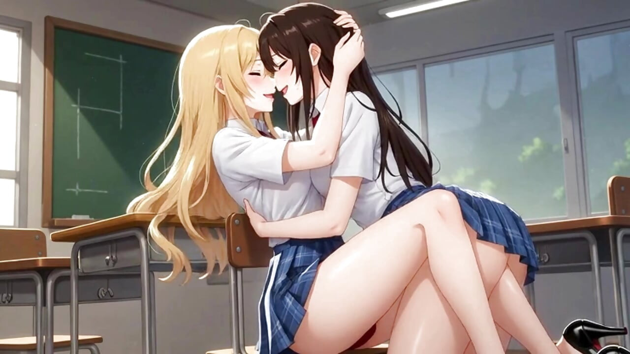 Dos chicas en uniforme. Beso caliente