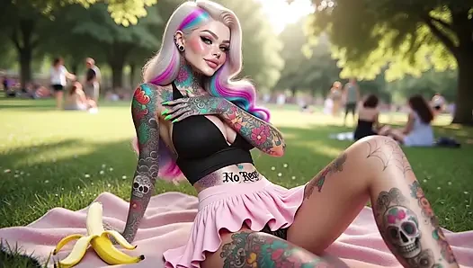 Tattooed Big Boobs Babe Masturbates in Public Park and Squirts