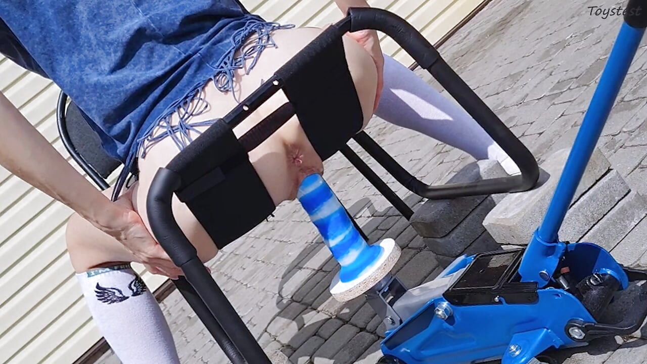 Insertion Fetishes. Car Jack Mounted Dildo Slowly Goes Into TIny Stepsister's Pussy