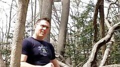 Public masturbating in the woods, jerking-off outside, jerking off on a log, stroking my cock showing AE boxers!