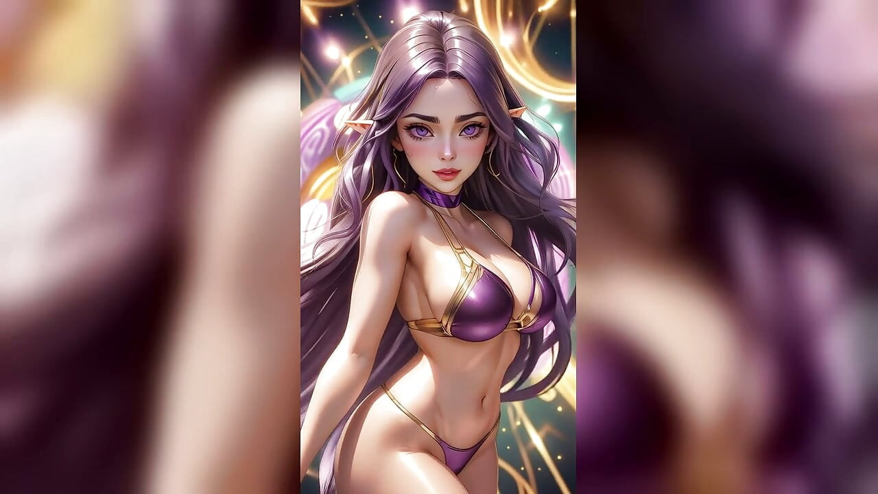 Paarse haren elf gouden bikini magisch bos dans - Sexy AI Babes