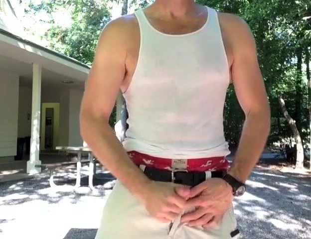 Public jackoff and cum at a campground
