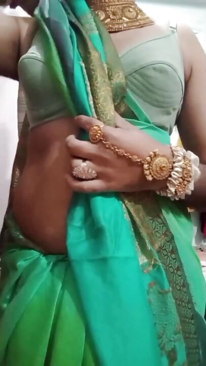 Indian Crossdresser Bottom Gaurisissy Pressing and Playing with Her Big Boobs in Blue Saree Real Homemade Sex