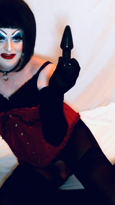 Sissy Drag Queen in Heavy Makeup Plays with Butt Plugs, ass to mouth | Clip 1