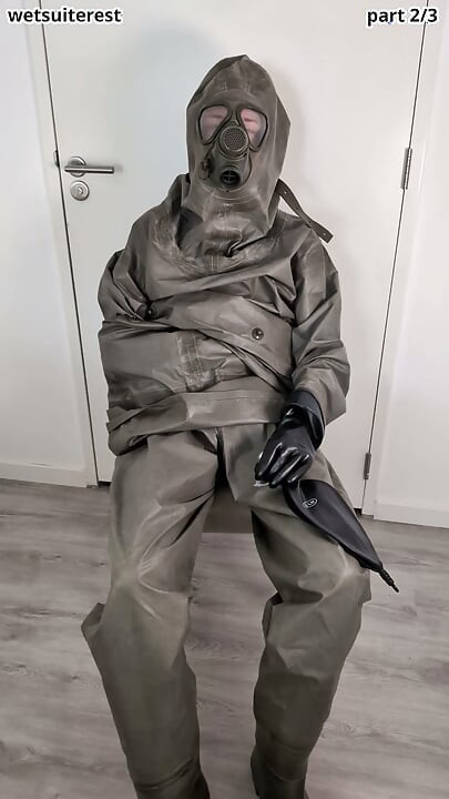 Breathplay masturbation Zodiac Zodiak heavy rubber hazmat suit with gasmask rebreathing bag, gloves, boots